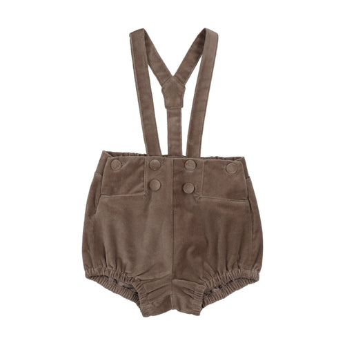 Lil Legs Velvet Gathered Suspender Shorts - Misty Oat