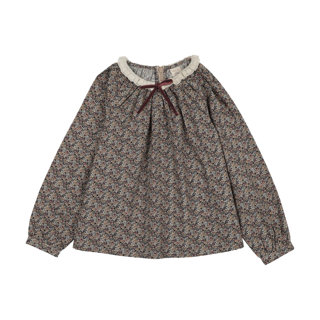 Lil Legs Home Garden Lace Trim Collared Blouse - Oxford Tan Print