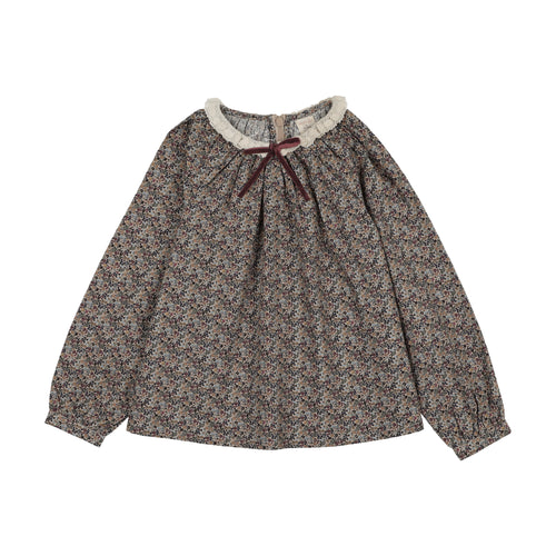 Lil Legs Home Garden Lace Trim Collared Blouse - Oxford Tan Print