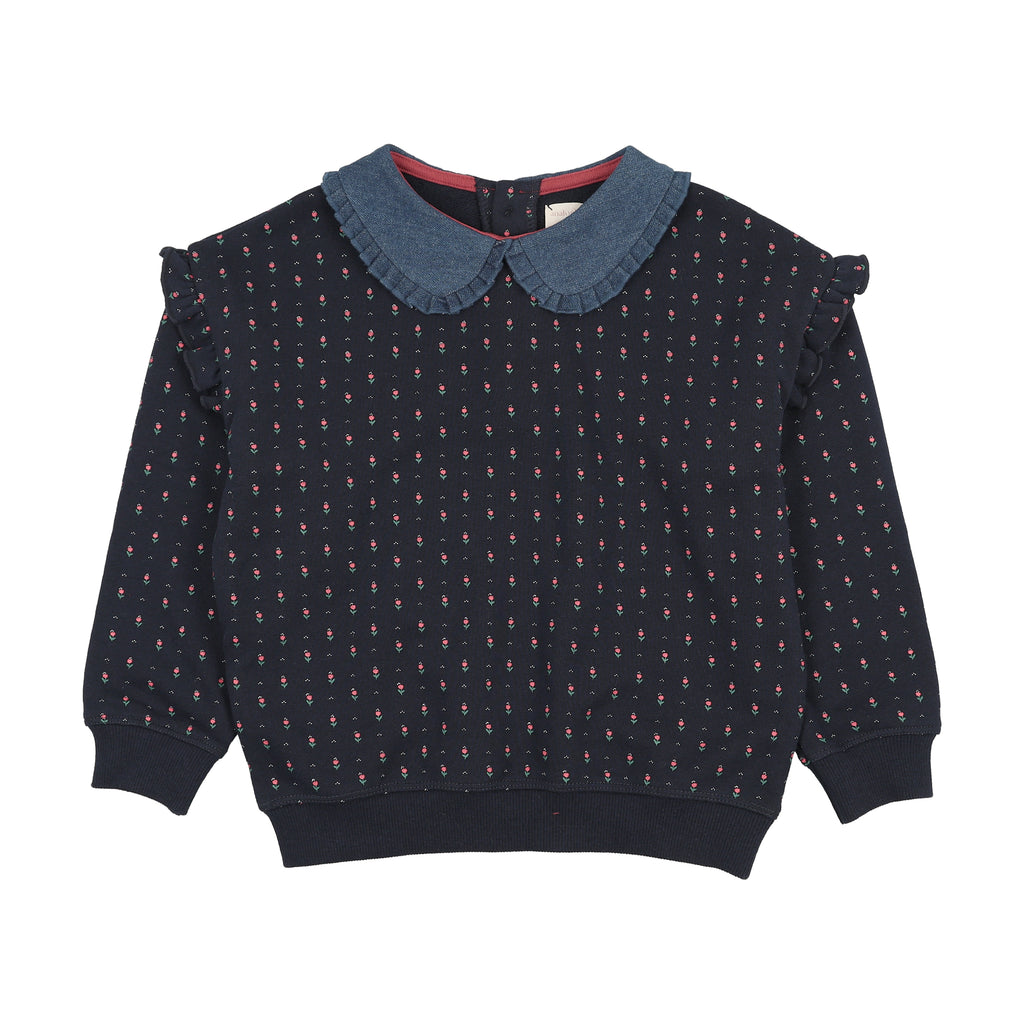 Lil Legs Denim Collar Ruffle Sweatshirt - Navy Print