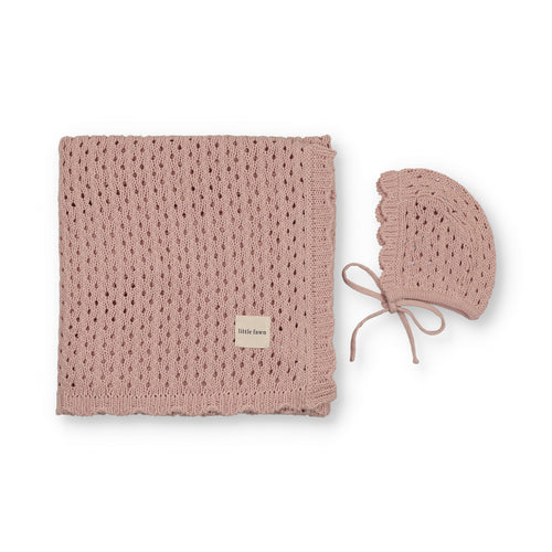 Little Fawn Knit Scallop Edge Blanket And Bonnet - Pink