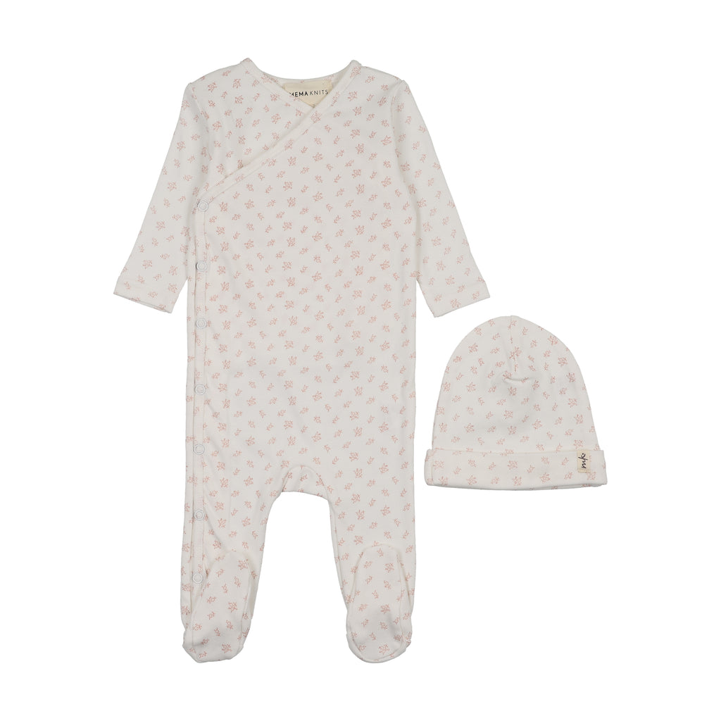Mema Knits Floral Printed Side Snap Footie & Beanie - Winter White/Pink Flowers