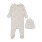 Mema Knits Floral Printed Side Snap Footie & Beanie - Winter White/Pink Flowers