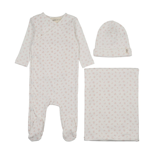 Mema Knits Floral Printed Side Snap Footie Layette Set - Winter White/Pink Flowers