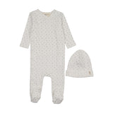 Mema Knits Floral Printed Side Snap Footie & Beanie - Winter White/Blue Flowers