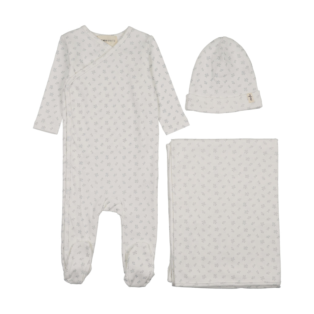 Mema Knits Floral Printed Side Snap Footie Layette Set - Winter White/Blue Flowers
