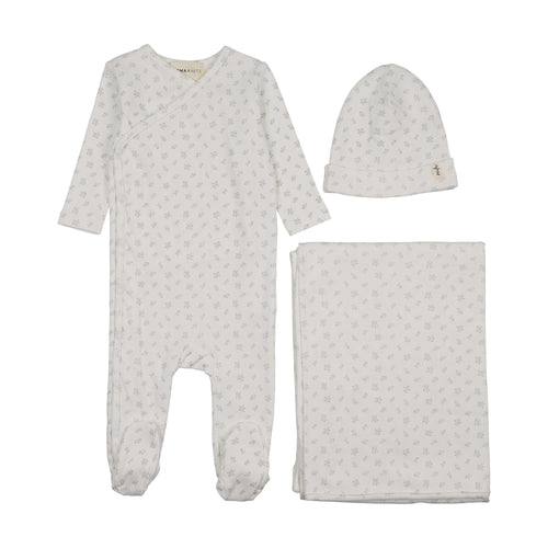 Mema Knits Floral Printed Side Snap Footie Layette Set - Winter White/Blue Flowers