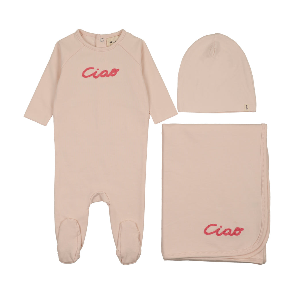 Mema Knits French Terry Embroidered Wordart Layette Set - Baby Blush/Neon Pink