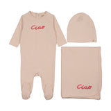 Mema Knits French Terry Embroidered Wordart Layette Set - Baby Blush/Neon Pink