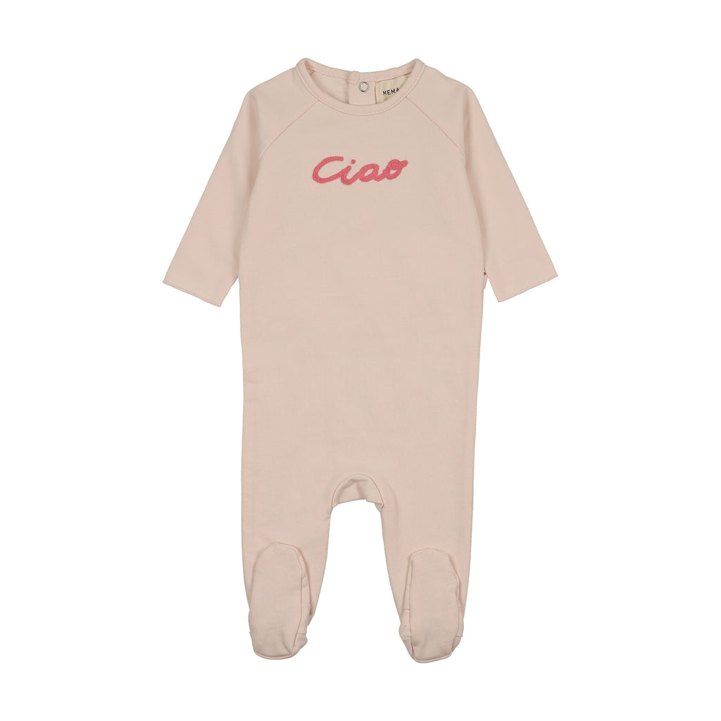 Mema Knits French Terry Embroidered Wordart Footie - Baby Blush/Neon Pink