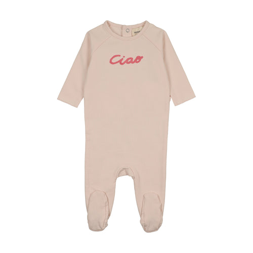 Mema Knits French Terry Embroidered Wordart Footie - Baby Blush/Neon Pink
