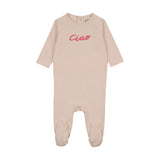 Mema Knits French Terry Embroidered Wordart Footie - Baby Blush/Neon Pink