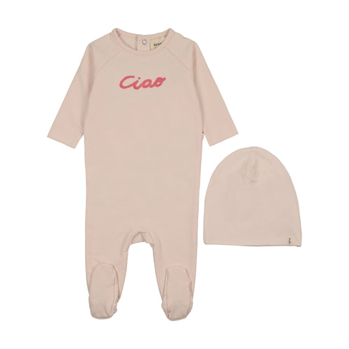 Mema Knits French Terry Embroidered Wordart Footie & Beanie - Baby Blush/Neon Pink