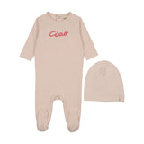 Mema Knits French Terry Embroidered Wordart Footie & Beanie - Baby Blush/Neon Pink