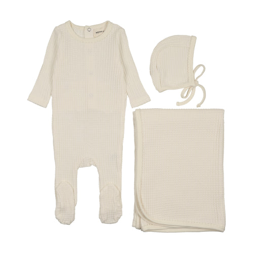 Mema Knits Honeycomb Waffle Trimmed Layette Set - Ivory