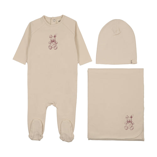 Mema Knits Vintage Bunny Print Layette Set - Light Beige/Rosewood