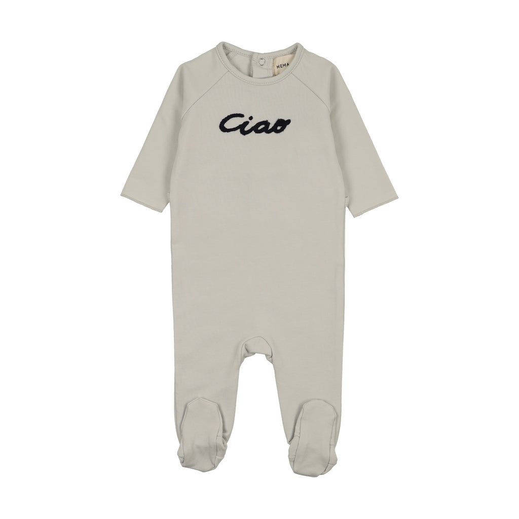 Mema Knits French Terry Embroidered Wordart Footie - Ice Blue/Navy