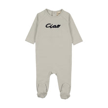 Load image into Gallery viewer, Mema Knits French Terry Embroidered Wordart Footie - Ice Blue/Navy