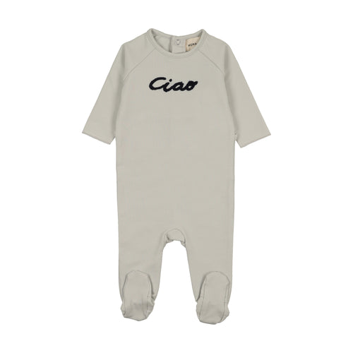 Mema Knits French Terry Embroidered Wordart Footie - Ice Blue/Navy