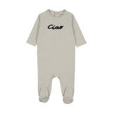 Mema Knits French Terry Embroidered Wordart Footie - Ice Blue/Navy
