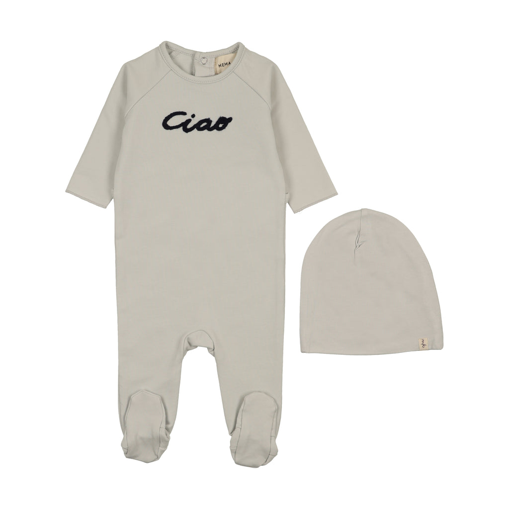 Mema Knits French Terry Embroidered Wordart Footie & Beanie - Ice Blue/Navy