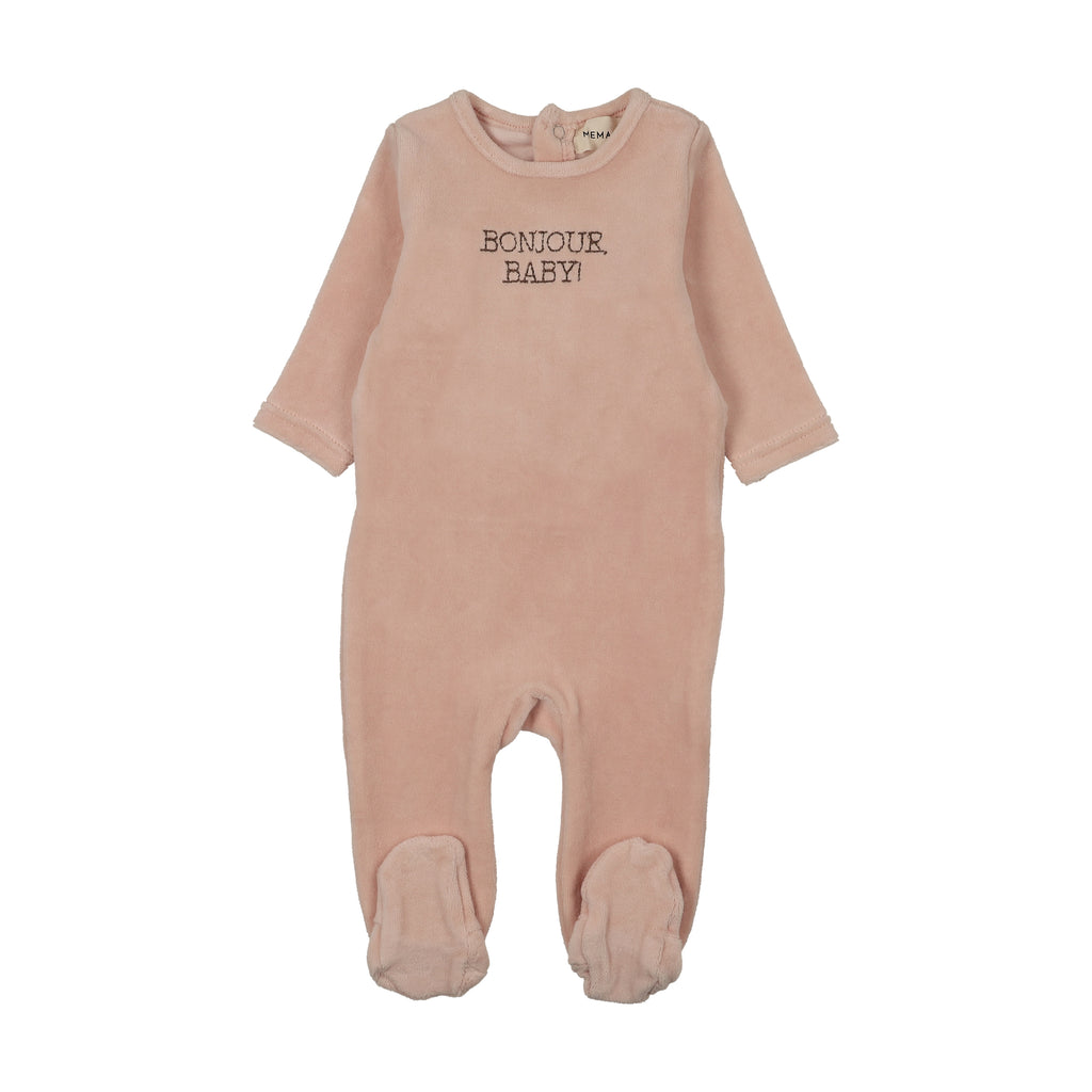 Mema Knits Bonjour Baby Stitched Velour Footie - Pale Rose/Otter Stitching
