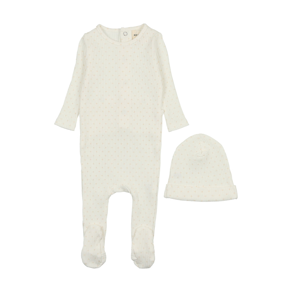 Mema Knits Wide Ribbed Heart Textured Footie + Beanie - Winter White / Rose Hearts