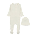 Mema Knits Wide Ribbed Heart Textured Footie + Beanie - Winter White / Rose Hearts