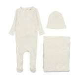 Mema Knits Wide Ribbed Heart Textured 3PC Set - Winter White / Rose Hearts