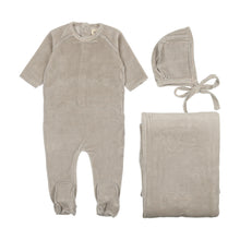 Load image into Gallery viewer, Mema Knits Thin Striped Velour 3PC Set - Oatmeal/ Powder Blue