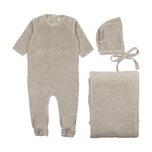 Mema Knits Thin Striped Velour 3PC Set - Oatmeal/ Powder Blue