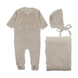 Mema Knits Thin Striped Velour 3PC Set - Oatmeal/ Powder Blue