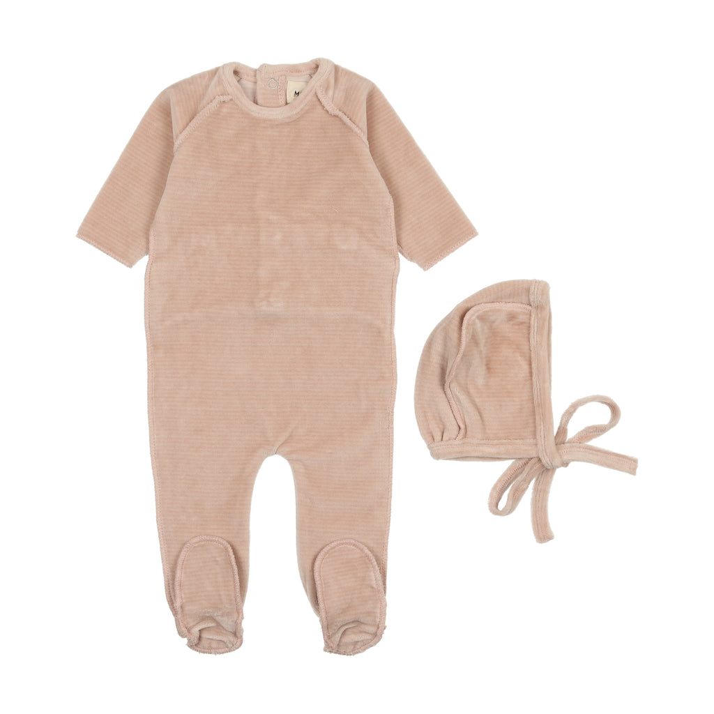 Mema Knits Thin Striped Velour Footie + Bonnet - Oatmeal/ Dusty Pink