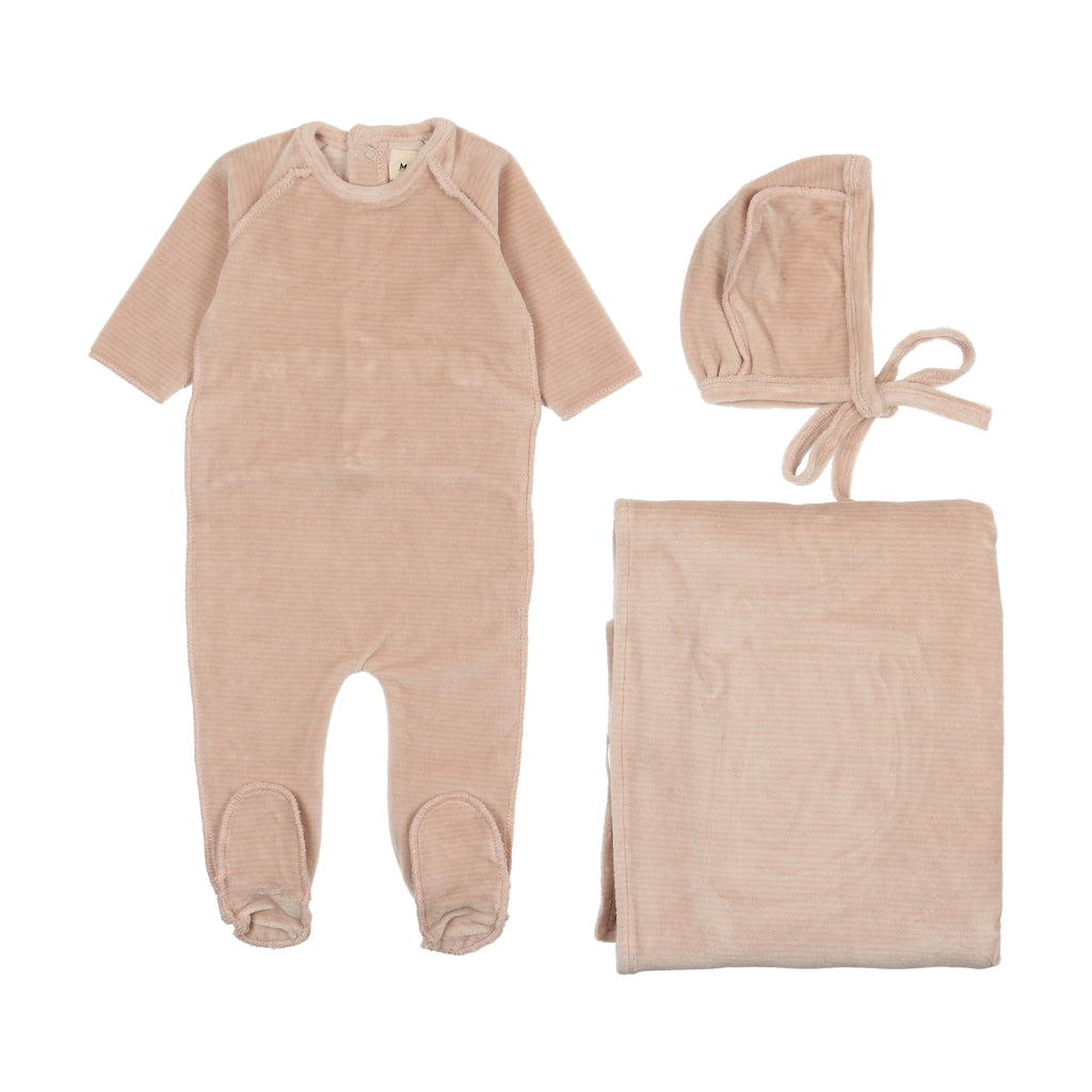 Mema Knits Thin Striped Velour 3PC Set - Oatmeal/ Dusty Pink