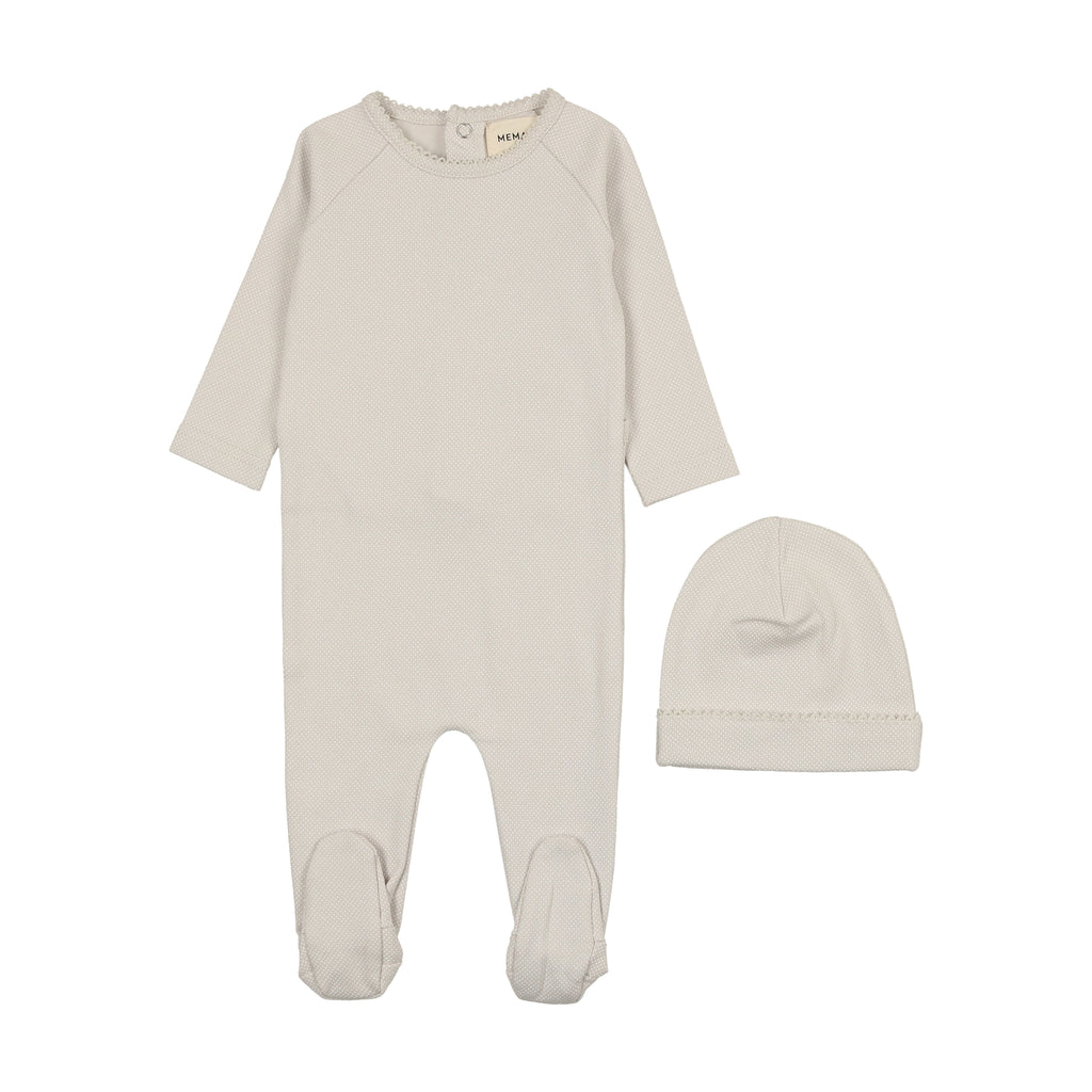 Mema Knits Raglan Polka Dotted Footie + Beanie - Cloud