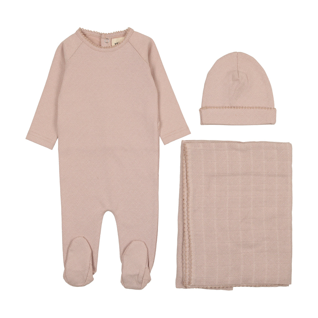 Mema Knits Raglan Polka Dotted 3PC Set - Dusty Pink