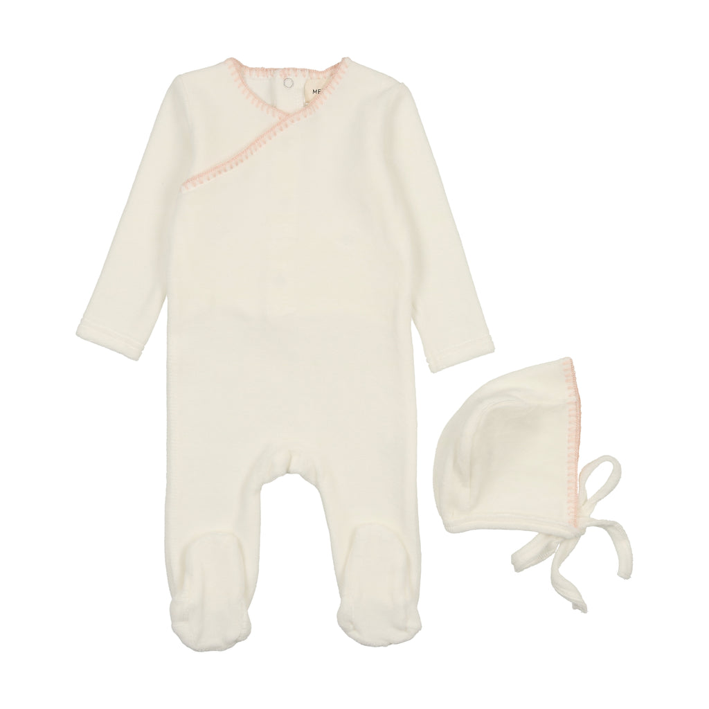 Mema Knits Velour Embroidered Footie + Bonnet - Cream / Pink Tint