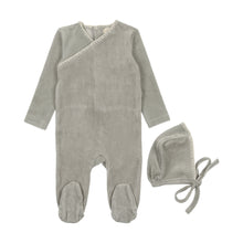 Load image into Gallery viewer, Mema Knits Velour Embroidered Footie + Bonnet - Powder Blue