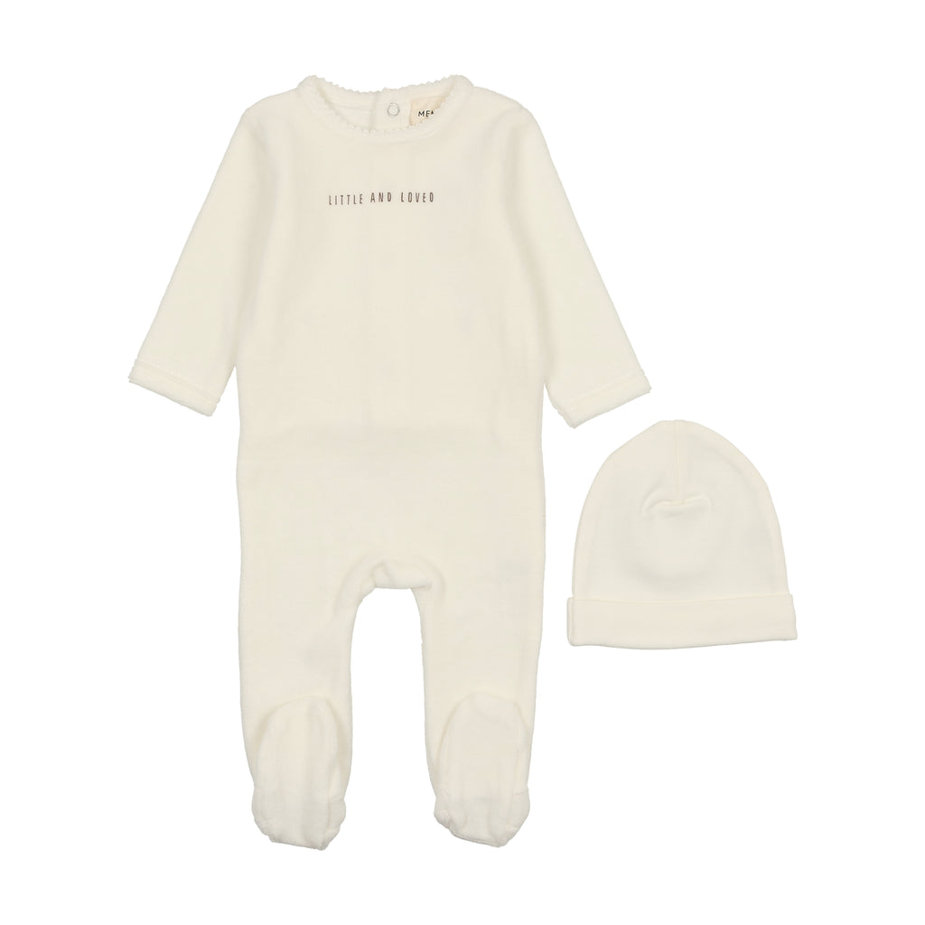 Mema Knits Little & Loved Velour Footie + Bonnet - Winter White / Mink Print