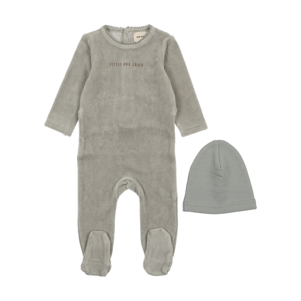 Mema Knits Little & Loved Velour Footie + Bonnet - Powder Blue/ Mink Print