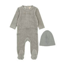 Load image into Gallery viewer, Mema Knits Little &amp; Loved Velour Footie + Bonnet - Powder Blue/ Mink Print