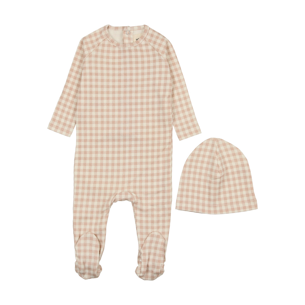 Mema Knits Gingham Footie + Beanie - Pale Pink