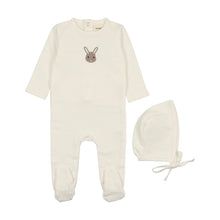 Load image into Gallery viewer, Mema Knits French Terry Embroidered Animal Footie + Bonnet - Winter White