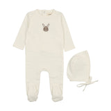 Mema Knits French Terry Embroidered Animal Footie + Bonnet - Winter White