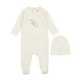 Mema Knits Squirrel Print Footie + Beanie - Winter White