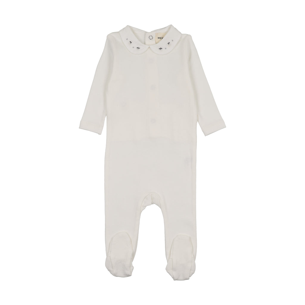 Mema Knits Embroidered Collar Base Footie - Winter White