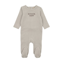 Load image into Gallery viewer, Mema Knits Bonjour Baby Stitched Velour Footie - Ice Blue/Otter Stitching