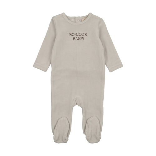 Mema Knits Bonjour Baby Stitched Velour Footie - Ice Blue/Otter Stitching