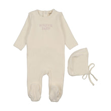 Load image into Gallery viewer, Mema Knits Bonjour Baby Stitched Velour Footie &amp; Bonnet -Ivory/Pink Stitching
