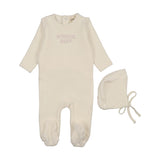 Mema Knits Bonjour Baby Stitched Velour Footie & Bonnet -Ivory/Pink Stitching